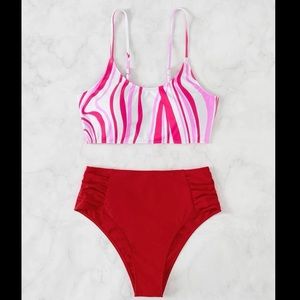 Abstract Wave Print Adjustable Strap 2 Piece High Waisted Bikini Swimsuit • NEW